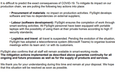 FlySight Business Continuity regarding COVID-19