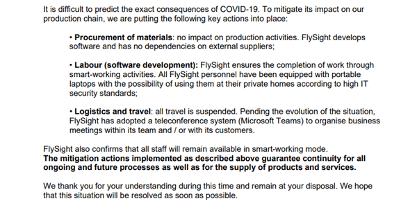 FlySight Business Continuity regarding COVID-19